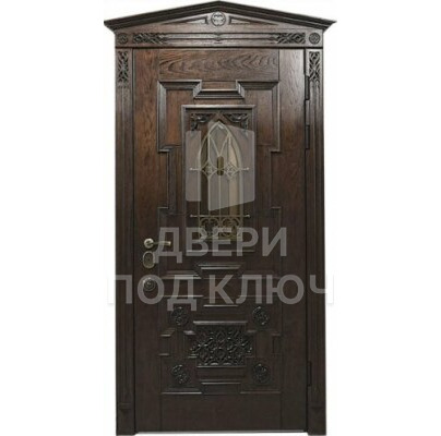 Филенчатая входная багетная дверь со стеклопакетом и элементами ковки ДПК-11522