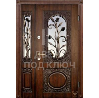Входная металлическая филенчатая двойная дверь с окошком и ковкой ДПК-11844