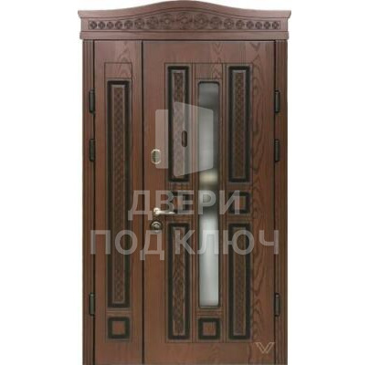 Металлическая арочная двойная дверь со стеклом и верхней вставкой ДПК-11868